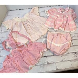 Vintage Baby Girl 4pcs Pink Lace Dresses, Jacket, & Bloomers- Wee Winnie & Bryan